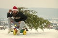 Man riding tricycle on snowy landscape Royalty Free Stock Photo