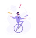 Man is riding on unicycle and juggling tasks.