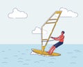 Man riding windsurf board. Male cartoon character windsurfing in ocean. Extreme summer water activity