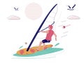 Man riding windsurfing board with sail, vector illustration. Windsurfing, extreme water sport. Summer beach activities.
