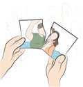 Man rips photo. the end of the relationship. memories. vector illustration.