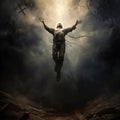 a man rises up to the sky, out of the ground, breaking away from chains and roots, dark dramatic background Royalty Free Stock Photo