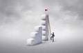 Man rising stairs to reach the top of the tower. Choosing the right path to success. Business concept growth and the path to