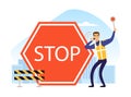 Man Road Police Officer Blowing Whistle with Stop Red Sign and Barrier Fence Vector Illustration Royalty Free Stock Photo