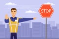 Man Road Police Officer Showing Stop Sign and Pointing Finger Vector Illustration