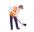 Man road worker cartoon character wearing uniform digging with shovel isolated on white background Royalty Free Stock Photo