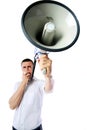 Man roaring loudly into megaphone