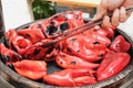 Man roasting big red bell peppers, paprika. Concept of preparing preserves and delicious food