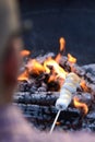 Man roasting white marshmallows on a metal skewer