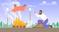 Man roasts a whole pig over a bonfire. Cartoon vector illustration Royalty Free Stock Photo