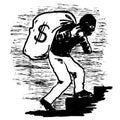 Man robber thrief burglar with money sack, criminal heist, stealing bank robber, balaclava escape. Black white monocrome