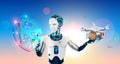 Robot or Cyborg with artificial intelligence launches drone in the point on virtual hud map. Automated intellectual delivery syste Royalty Free Stock Photo