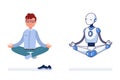 Man and robot do yoga together.