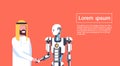 Man And Robot Handshake, Arab Businessman Shaking Hands With Modern Robotic, Artificial Intelligence Concept Template