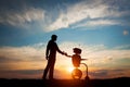 Man and robot meet and handshake. Concept of the future interaction with artificial intelligence