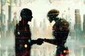 Man and robot shaking hands, concept of technological innovation, cooperation between robots and future artificial