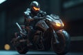 A man in a robot suit rides a motorcycle. AI generative