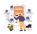 man and robot web developers creating program code on smartphone screen development of software and programming Royalty Free Stock Photo