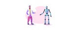 Man with robotic character discussing during meeting artificial intelligence technology concept human vs robot full