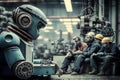 Man and robotic machine work together in factory. Cyborgs robot work while a human workers resting. Generative ai.