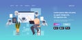 man and robots article editors writing publicity post journalist using laptop copywriting selection verification content