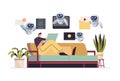 man with robots watching videos on laptop online education e-learning video tutorials live streaming artificial Royalty Free Stock Photo