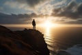 a man on a rock against the backdrop of the sea and the setting bright sun generative ai Royalty Free Stock Photo