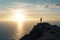 a man on a rock against the backdrop of the sea and the setting bright sun generative ai Royalty Free Stock Photo