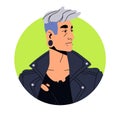 Man, rock star, face avatar. Cool modern mature person in leather jacket, earring, stylish hairstyle. Rocker, male