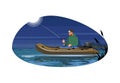 Man with rod in boat semi flat vector illustration