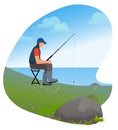 Man with Rod Sitting on Chair, Fishing Hobby