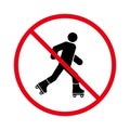 Man in Roll Red Stop Circle Symbol. Ban Entry in Roller Skate Black Silhouette Icon. No Allowed Skating Sign. Roller Royalty Free Stock Photo