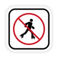 Man in Roll Red Stop Circle Symbol. Ban Entry in Roller Skate Black Silhouette Icon. No Allowed Skating Sign. Roller Royalty Free Stock Photo