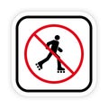 Man in Roll Red Stop Circle Symbol. No Allowed Skating Sign. Ban Entry in Roller Skate Black Silhouette Icon. Caution Royalty Free Stock Photo