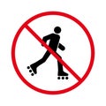 Man in Roll Red Stop Circle Symbol. No Allowed Skating Sign. Ban Entry in Roller Skate Black Silhouette Icon. Caution Royalty Free Stock Photo