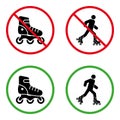 Man in Roller Skate Prohibited Pictogram. Caution Allowed on Rollerskate Green Symbol. No Rollerblading Sign. Permit Royalty Free Stock Photo