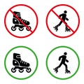 Man in Roller Skate Prohibited Pictogram. Caution Allowed on Rollerskate Green Symbol. No Rollerblading Sign. Permit