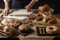 Man rolling out dough on kitchen table, close up Royalty Free Stock Photo