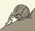 A man rolls a earth up the hill. Vector drawing