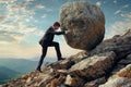 a businessman in a suit is pushing a huge boulder uphill with tension Royalty Free Stock Photo