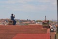 Man on the roof taking photo with scenic view to Uskudar district on Asian side in Istanbul, Turkey