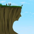 A man on a rope held by friends goes over the edge of cliff shaped like a beautiful womanÃ¢â¬â¢s face