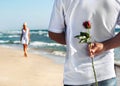 Man with rose waiting his woman Royalty Free Stock Photo