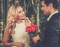 Man with roses dating his lady Royalty Free Stock Photo