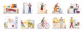 Man daily routine icons set day work and rest life schedule isolated vector illustration. Sleep, morning, work and meal