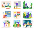 Man daily routine icons set of isolated vector illustrations. Day work and rest life schedule, every day life, time