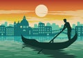 Man row boat in Venice, famous landmark of Italy, on sunset time Royalty Free Stock Photo