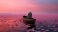 a man is in a row boat on the water with pink flowers floating around it Royalty Free Stock Photo