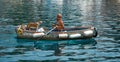 Man rowing a boat with a dog in it Royalty Free Stock Photo