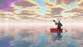 Man rowing oars in the red upturned umbrella on water